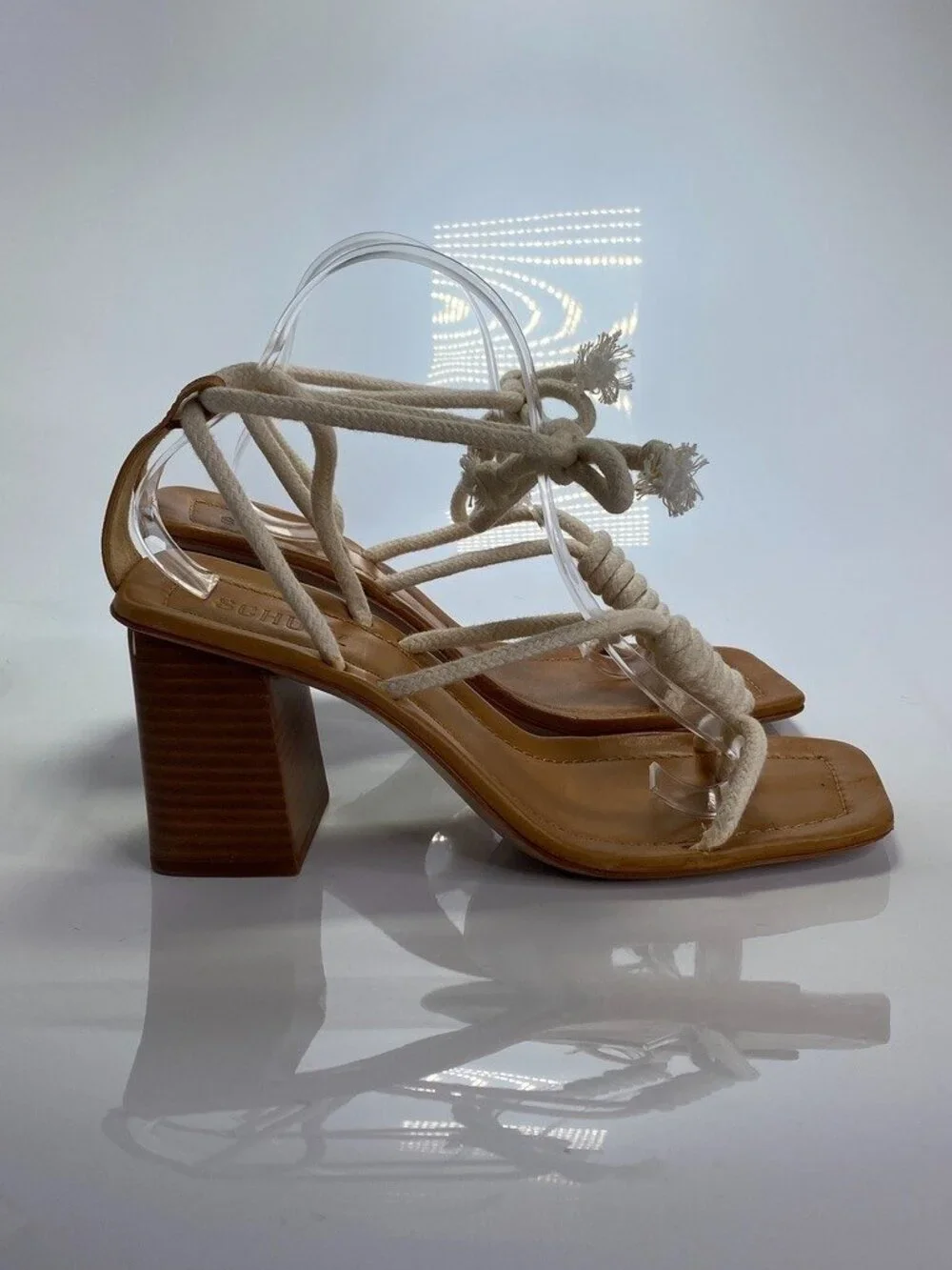 Schutz Women's Angieh  Cream Leather Lace-Up Stacked Heel Sandals Sz 10